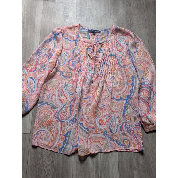 Tommy Hilfiger Womens Paisley Print Blouse M Sheer Long Sleeve Tie Neck Lightwei - Picture 4 of 7